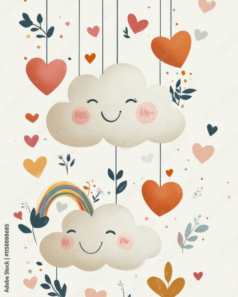 Two smiling clouds hanging with hearts and rainbow. Two smiling clouds hanging with hearts and rainbow.