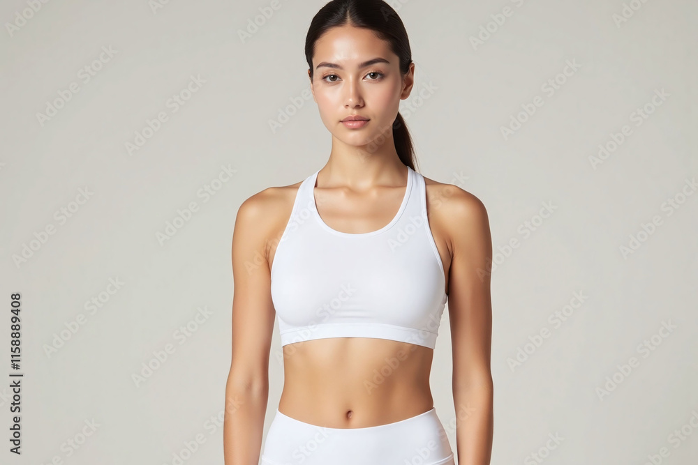 Fototapeta premium Young woman in white sportswear shows physique