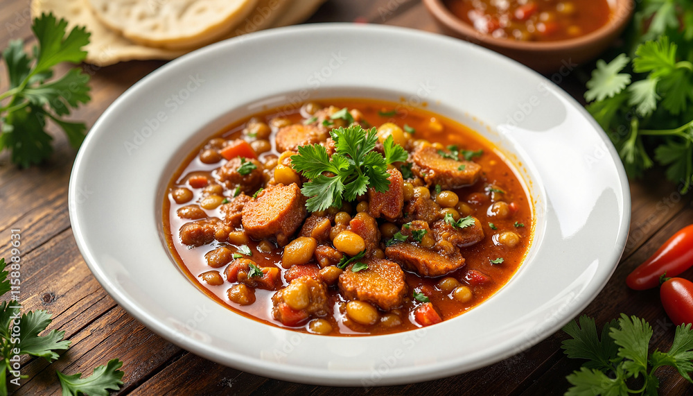Vibrant lentil stew garnished with parsley on wooden table, culinary delight Vibrant lentil stew garnished with parsley on wooden table, culinary delight