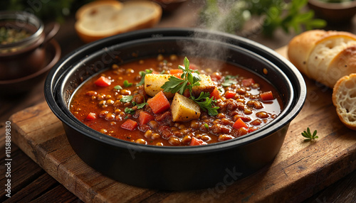 Steaming lentil stew on rustic table, cozy evening dining