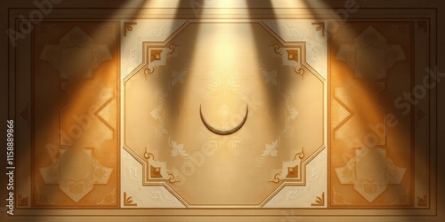 Minimalist Islamic background featuring a crescent moon and stars, with abstract shapes and geometric accents in the background