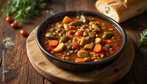 Hearty lentil soup steaming in rustic kitchen, warm comfort food