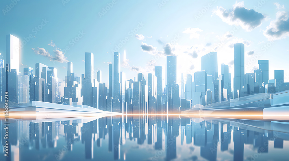 Futuristic cityscape reflected in calm water, showcasing modern architecture under a bright sky. Futuristic cityscape reflected in calm water, showcasing modern architecture under a bright sky.
