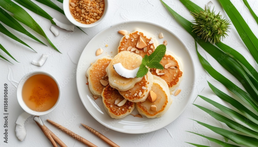Thai Coconut Pancakes with Nuts and Honey on a White Plate Surrounded by Green Leaves Thai Coconut Pancakes with Nuts and Honey on a White Plate Surrounded by Green Leaves