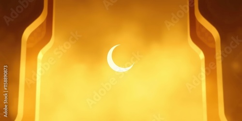 Minimalist Islamic background featuring a crescent moon and stars, with abstract shapes and geometric accents in the background
