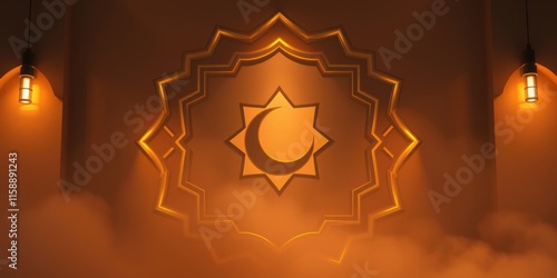 Minimalist Islamic background featuring a crescent moon and stars, with abstract shapes and geometric accents in the background