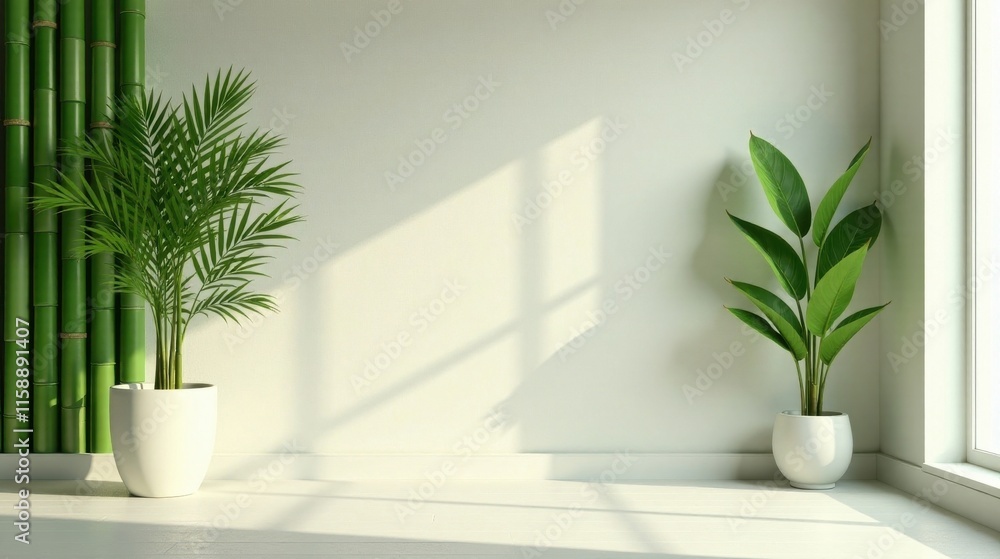 Serene Minimalist Interior Design Featuring Lush Greenery and Natural Bamboo Accents Serene Minimalist Interior Design Featuring Lush Greenery and Natural Bamboo Accents