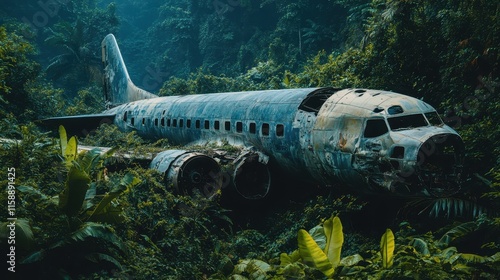 Wallpaper Mural Rustic airplane wreck consumed by lush jungle foliage. Illustrates themes of abandonment, nature reclaiming man-made structures. Torontodigital.ca