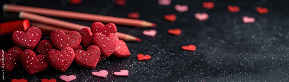 Obraz premium Valentine's Day chalkboard background with hearts concept. Colorful heart-shaped candies scattered on a dark surface, creating a festive and romantic atmosphere.