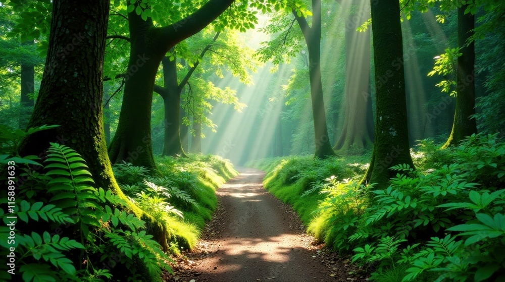 Obraz premium Sunlit Path Through a Lush Green Forest with Rays of Sunlight Illuminating the Way