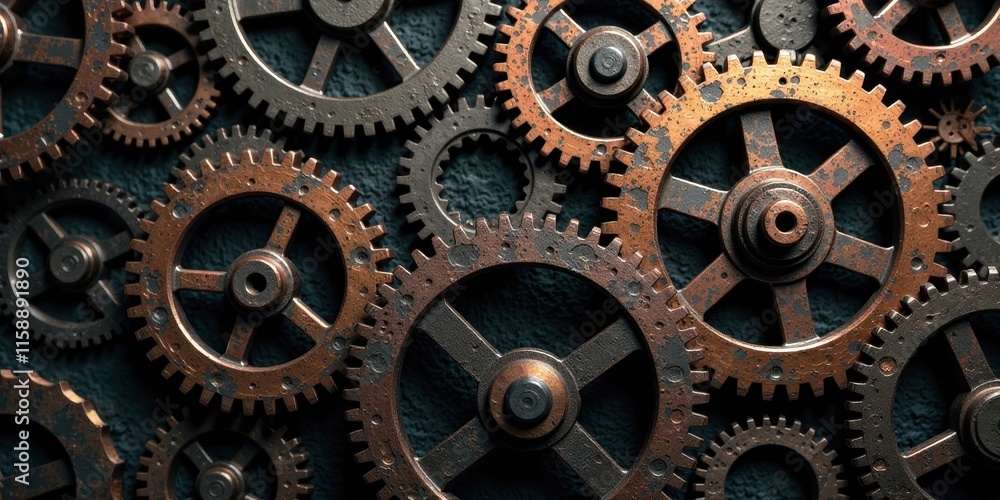 Intricate Network of Interlocking Rusty Gears, a Detailed Mechanical System Intricate Network of Interlocking Rusty Gears, a Detailed Mechanical System