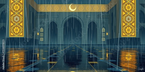 Minimalist Islamic background featuring a crescent moon and stars, with abstract shapes and geometric accents in the background