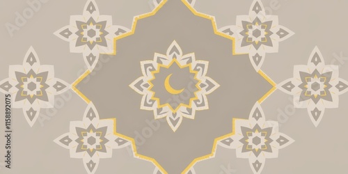Minimalist Islamic background featuring a crescent moon and stars, with abstract shapes and geometric accents in the background