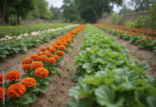 Wide shot of vibrant garden with vegetable rows and colorful flowers photo