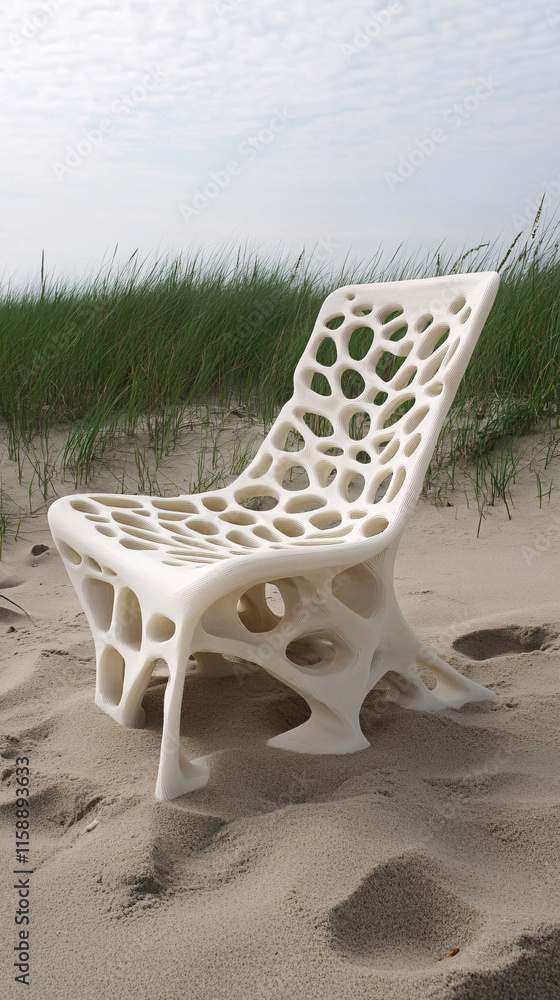 Innovative 3D-Printed Chairs with Organic Nature-Inspired Designs in a Serene Beach Setting Innovative 3D-Printed Chairs with Organic Nature-Inspired Designs in a Serene Beach Setting