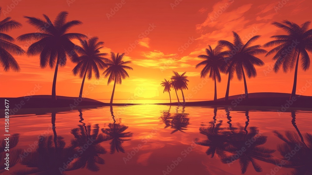 Obraz premium Tropical sunset over beach, palm trees silhouettes, reflection on water, vibrant sky, serene evening, picturesque scenery