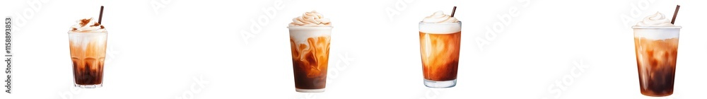 Four iced coffee drinks with whipped cream and chocolate drizzle. Four iced coffee drinks with whipped cream and chocolate drizzle.