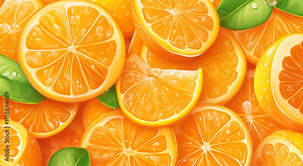 Obraz premium Juicy Orange Slices With Fresh Green Leaves Closeup Digital Art