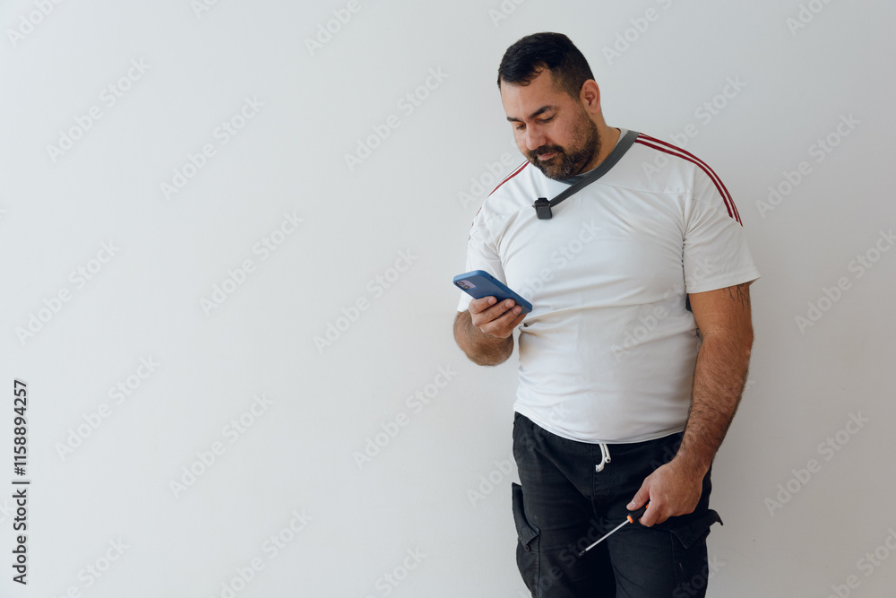 man at home checking phone while doing home repairs man at home checking phone while doing home repairs