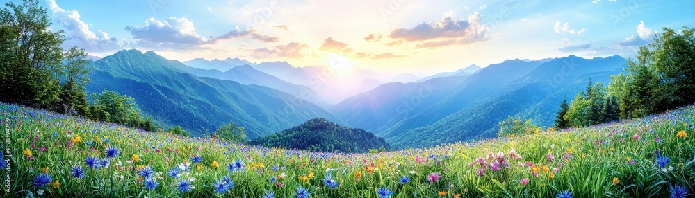 Fototapeta premium Majestic Sunrise Over Rolling Mountains with Colorful Wildflowers in the Foreground and Clear Blue Sky Filled with Wispy Clouds