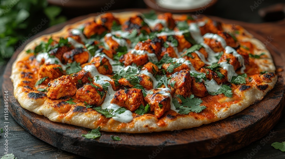 Modern Indian-inspired flatbread topped with spiced paneer and microgreens Modern Indian-inspired flatbread topped with spiced paneer and microgreens