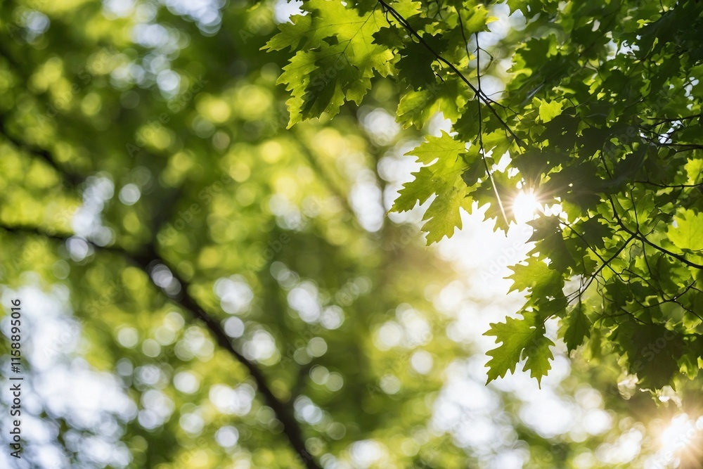 Upward glance to sun rays shines through forest trees. Scattered sunlight that filters through green oak leaves. Sunny summer nature background with sunshine radiant bokeh. Japanese Komorebi concept S Upward glance to sun rays shines through forest trees. Scattered sunlight that filters through green oak leaves. Sunny summer nature background with sunshine radiant bokeh. Japanese Komorebi concept S