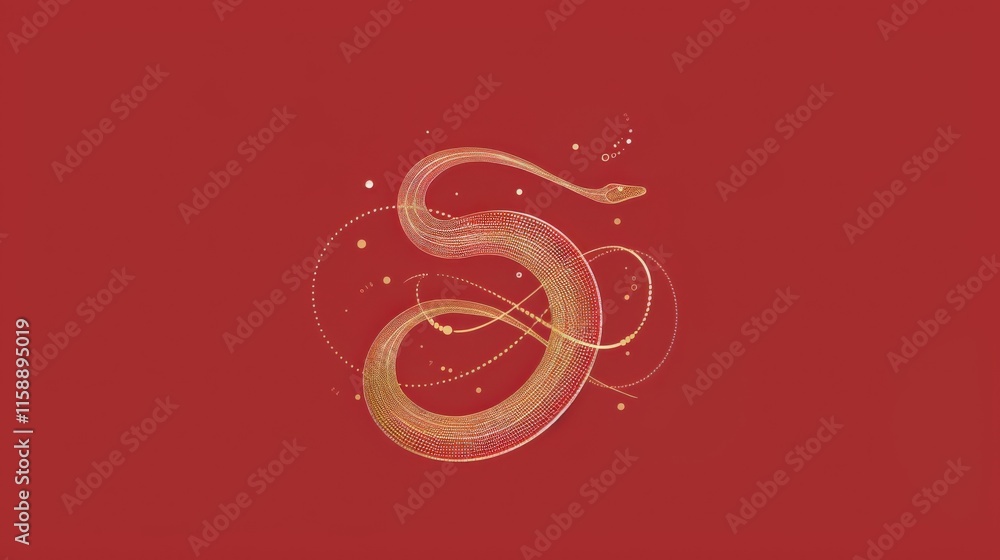 Chinese New Year lunar wide banner with origami-style geometric snake in gold and red tones, elegant minimalist design, curved shape on red background, golden accents, copy space for text. Chinese New Year lunar wide banner with origami-style geometric snake in gold and red tones, elegant minimalist design, curved shape on red background, golden accents, copy space for text.