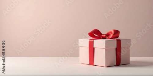 A delicately wrapped present, a blush-pink box tied with a vibrant red ribbon, sits on a pristine white surface against a soft, neutral backdrop.