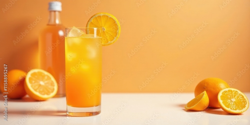 Obraz premium Refreshing citrus beverage in a tall glass with ice and orange slices, alongside whole oranges and a bottle of juice.
