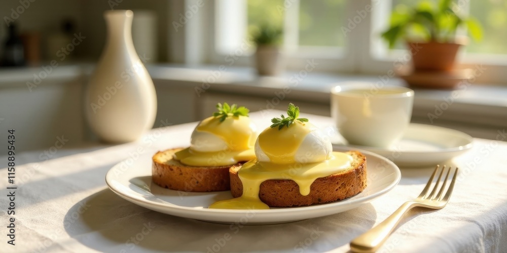 Delightful eggs benedict on toasted bread, garnished with fresh herbs, bathed in sunlight in a tranquil kitchen setting