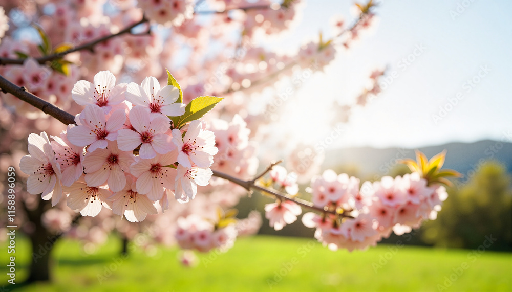 Fototapeta premium Cherry blossoms blooming in spring garden, beauty and renewal