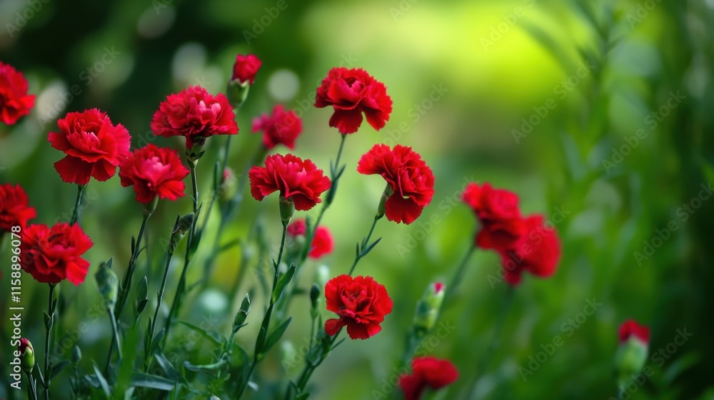 A vibrant composition of red carnations against a lush green garden backdrop, close-up shot, Naturalistic style A vibrant composition of red carnations against a lush green garden backdrop, close-up shot, Naturalistic style