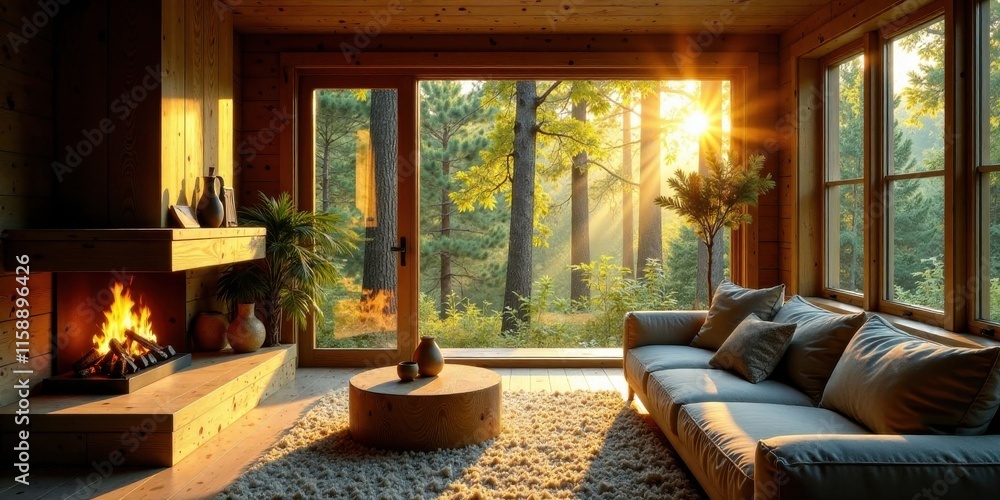 Fototapeta premium Serene Cabin Interior with Sunlight Streaming Through Large Windows and a Cozy Fireplace