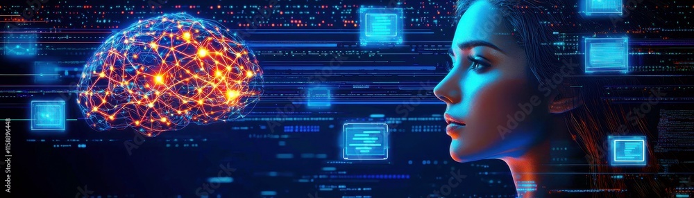 Fototapeta premium Futuristic Digital Representation of Human Brain Concept with Abstract Neural Connections and Data Visualization Overlaying Portrait of Thoughtful Young Woman