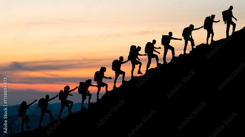 Fototapeta premium Silhouette of people helping each other hike up a mountain