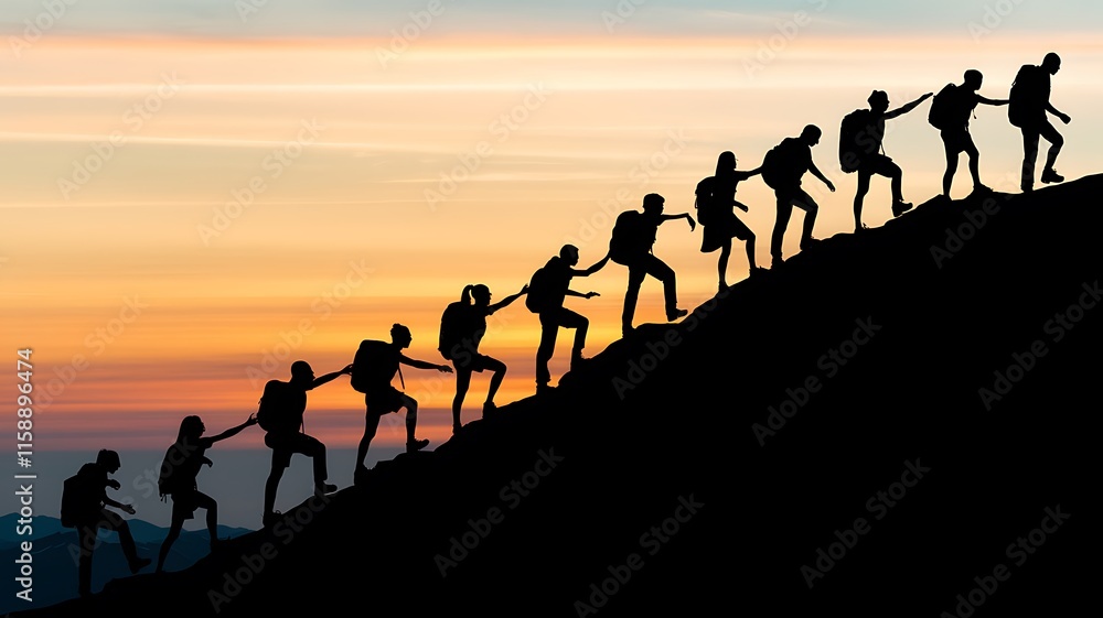 Fototapeta premium Silhouette of people helping each other hike up a mountain