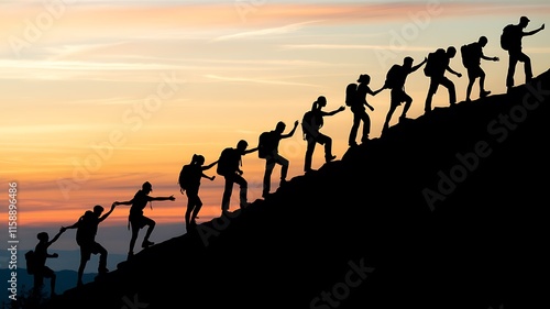 Silhouette of people helping each other hike up a mountain