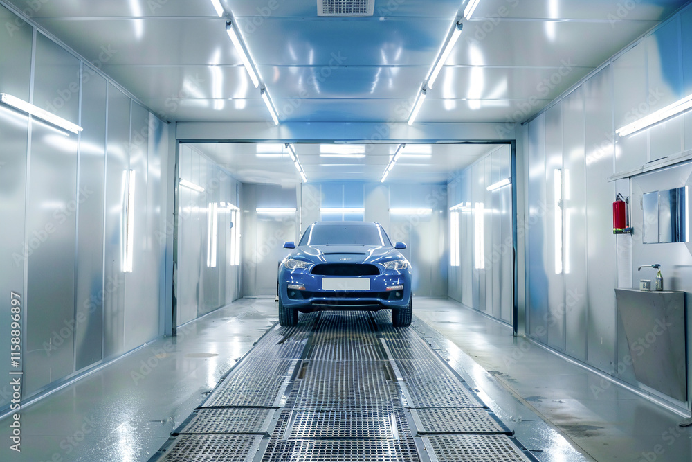 Obraz premium Blue car in a modern automotive paint booth, showcasing professional car finishing and detailing