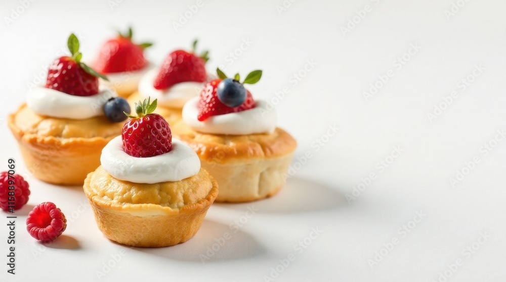 Delightful Mini Cakes Topped with Whipped Cream and Fresh Berries Delightful Mini Cakes Topped with Whipped Cream and Fresh Berries