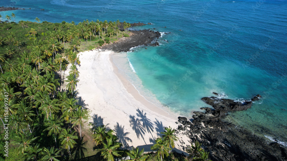 Aerial view of white sand beach and peninsula, Mitsamiouli, Grande Comore, Comoros Aerial view of white sand beach and peninsula, Mitsamiouli, Grande Comore, Comoros
