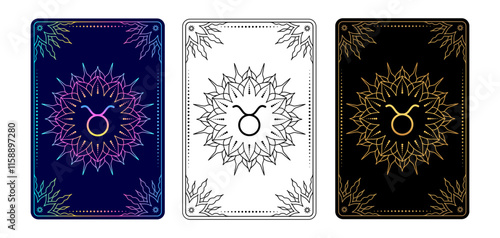 Tarot card with Taurus zodiac sign. Simple line art style.