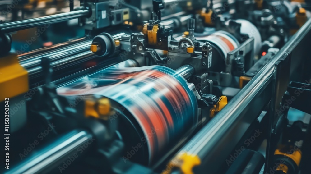 Industrial machinery, motion blur, printing process, factory equipment, vibrant colors, mechanical parts Industrial machinery, motion blur, printing process, factory equipment, vibrant colors, mechanical parts