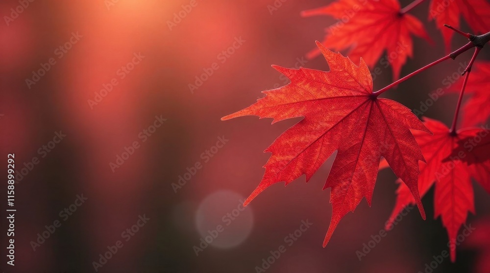 Vibrant Red Autumn Leaf on Branch, Backlit by Warm Sunset Glow Vibrant Red Autumn Leaf on Branch, Backlit by Warm Sunset Glow