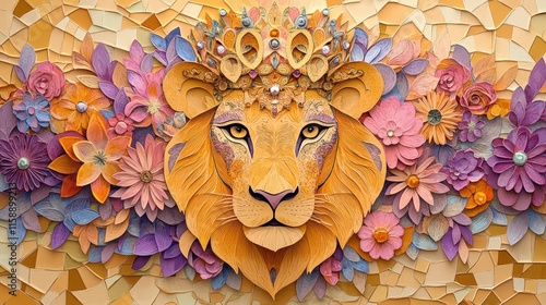 Regal lion amidst whimsical floral landscape photo