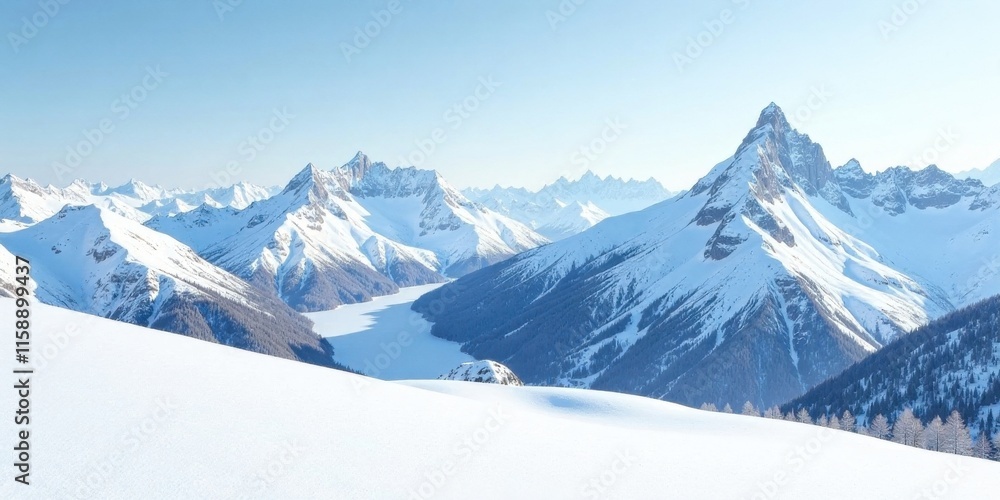 Obraz premium Serene Winter Landscape Snow-Capped Peaks and Frozen Lake in a Majestic Mountain Range