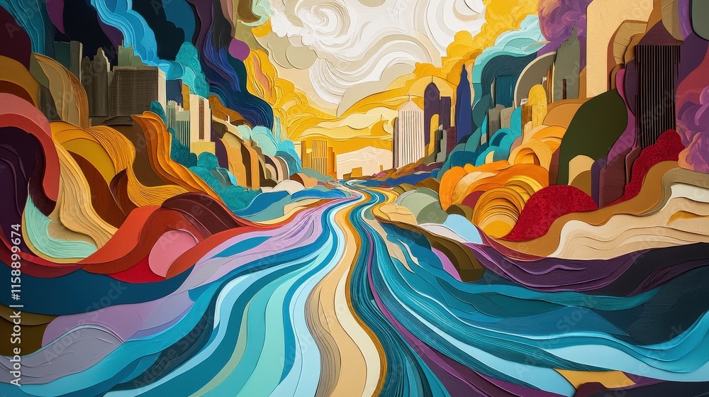 Vibrant cityscape with swirling patterns of color and movement Vibrant cityscape with swirling patterns of color and movement