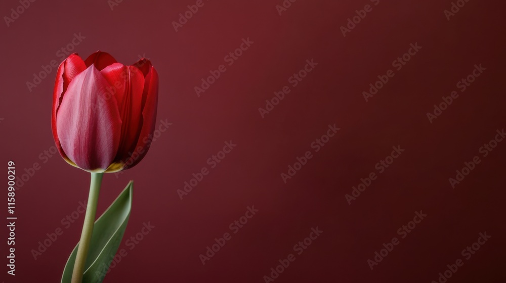Fototapeta premium A vibrant red tulip against a muted burgundy background, artistic close-up shot, Minimalist style