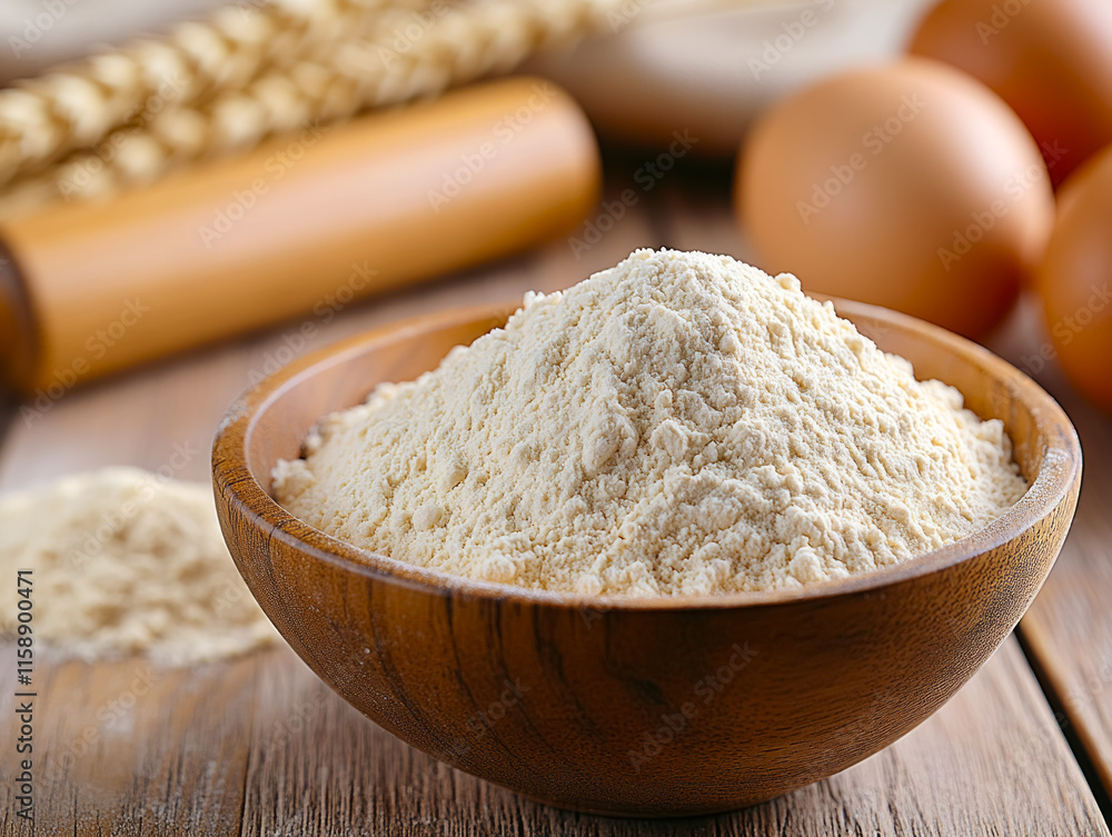Natural kitchen setting featuring whole wheat flour, rolling pins, and fresh eggs in a rustic arrangement, perfect for baking and cooking enthusiasts
