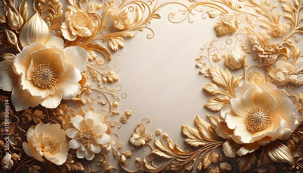 Obraz premium A luxurious ivory and gold wedding card background with intricate floral patterns