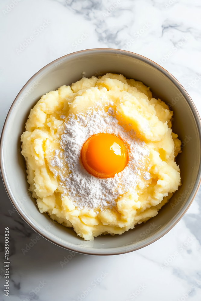 Creating kopytka dough with mashed potatoes, egg yolk, and flour on a marble countertop for a rich culinary experience Creating kopytka dough with mashed potatoes, egg yolk, and flour on a marble countertop for a rich culinary experience